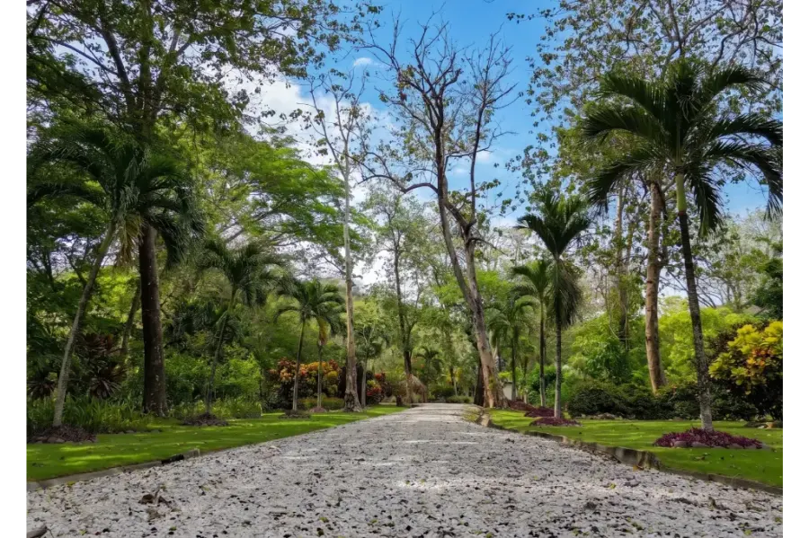 Turquoise pool and waterfall feature beside a covered terrace at Las Melinas Sanctuary, Santa Ana