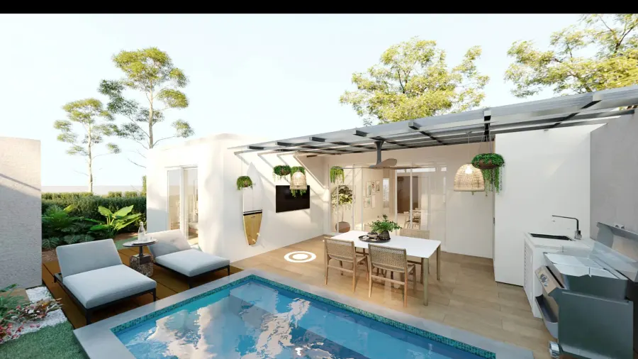 Private courtyard with plunge pool and covered terrace at Natarundi Guana, Huacas